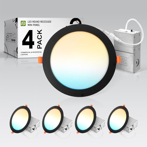 ASD 4 Pack 8 Inch LED Recessed Light 20W, 5 CCT 2700K-5000K CRI90+, IC Rated Ultra Thin Dimmable Ceiling Lights with J Box, Canless Wafer Downlight, Round Slim Panel Lighting, UL Listed, Black - color: Black, size: 8 Inch 4 Pack
