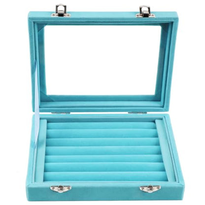 Jewelry Box Rings Organizer Tray 7 Slots Velvet Jewelry Earring Storage Box With Transparent Lid Jewelry Display Case for Girls Women (Light Blue) - color: Light Blue