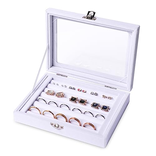 Frebeauty Rings/Earring Organizer Tray with Clear Lid,7 Slots Ring Box Velvet Ring Holder Drawer Insert Jewelry Storage Box Jewelry Display Case Jewelry Box Gift for Women and Girls(7 Slots,White) - color: White, size: 7 Slots