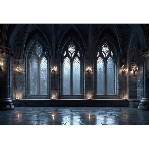 Gothic Church Backdrop 7x5ft Vintage Medieval Castle Wall Ancient Arches Window Corridor Photography Backdrops Halloween Night Backdrops Castle Party Princess Prince Birthday Banner - color: dark blue, size: 7x5ft