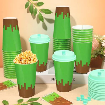 48 Pack Pixel Party Favors Goodie Cups Video Game Birthday Party Cups 16 oz Reusable Pixel Game Themed Plastic Cup with Lid Plugs for Gamer Pixelated Birthday Shower Decorations