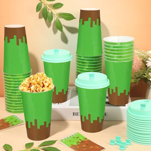 48 Pack Pixel Party Favors Goodie Cups Video Game Birthday Party Cups 16 oz Reusable Pixel Game Themed Plastic Cup with Lid Plugs for Gamer Pixelated Birthday Shower Decorations