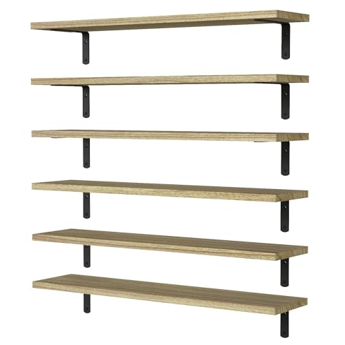 WOPITUES Wood Floating Shelves Set of 6, 24 inch Long Floating Shelves for Wall Decor, Farmhouse Shelf for Bedroom, Bathroom Storage Shelves, Book Shelves for Living Room - Rustic Brown - color: Rustic Brown, size: 24 inches