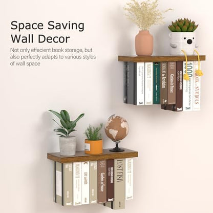 Tohiasen Floating Book Shelves for Wall Mounted Set of 2, Wood Hanging Bookshelf, Book Display Shelf for Wall, Unique Space Saving Book Shelf Wall Book Holder (Brown) - color: Brown