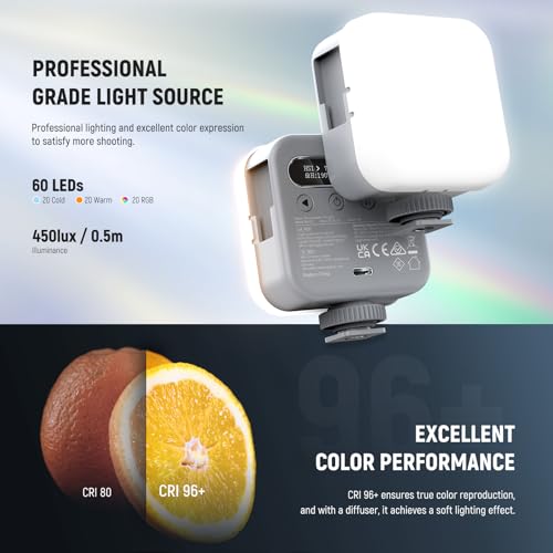 NEEWER Basic Magnetic RGB Video Light, 360° Full RGB Mini LED Camera Light CRI96+ 2500-9000K 18 Scenes 3 Cold Shoes & 1/4", 2000mAh Rechargeable Portable for Selfie/Tripod Photography Lighting, BL60C