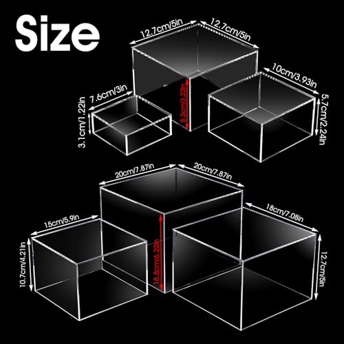 6 Pcs Acrylic Risers for Display Clear Risers Display Stands with Hollow Bottoms 5 Sided Acrylic Cube Boxes Square Nesting Cubes Decorative Stand Shelf for Food Dessert Jewelry Figures Decor 6 Sizes
