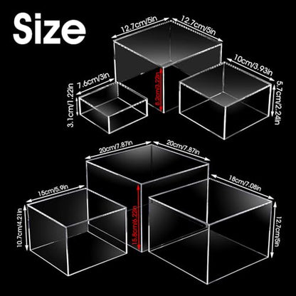 6 Pcs Acrylic Risers for Display Clear Risers Display Stands with Hollow Bottoms 5 Sided Acrylic Cube Boxes Square Nesting Cubes Decorative Stand Shelf for Food Dessert Jewelry Figures Decor 6 Sizes