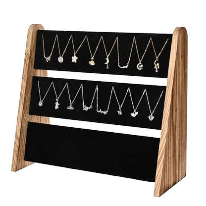 Necklace Holder 3 Tier Wooden Necklace Organizer Stand with Velvet, Necklace Display Stand for Selling,Chain Necklace Holder Rack for Show, 72 Necklaces Bracelets - style: One-Sided Black