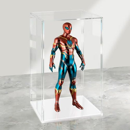 LANSCOERY Acrylic Display Case, 4.7x4.7x7 in, Upgraded Thickened UV-Resistant Showcase, 98% Clarity Dustproof Box with Glossy White Base for Action Figures, LEGO & Models, Scraper & LED Light - color: White, size: 4.7x4.7x7inch; 12x12x18cm