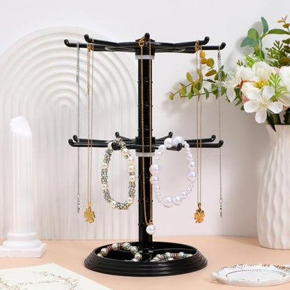 Jewelry Stand 2 Tier Necklace Holder Black Bracelet Hanging Organizer Rotating Jewelry Earring Display Keychain Display Stand Plastic Jewelry Rack for Malls Counter Dressing Table