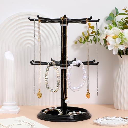 Jewelry Stand 2 Tier Necklace Holder Black Bracelet Hanging Organizer Rotating Jewelry Earring Display Keychain Display Stand Plastic Jewelry Rack for Malls Counter Dressing Table