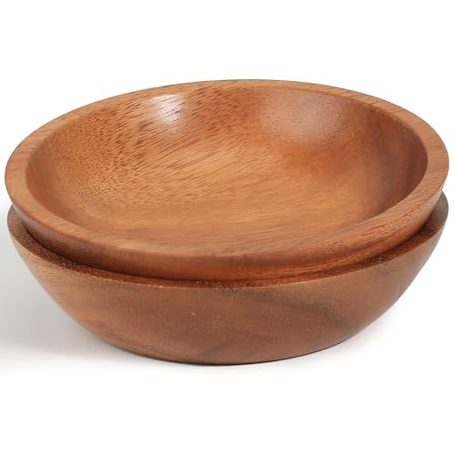 Acacia Wood Serving Bowls, 6 Inch Handcrafted Wooden Individual Bowls Set of 2 for Food/Soup/Salad/Pasta, Use as Snack Holder Plate for Kitchen and Dining - size: D 6.3'' x H 1.6''