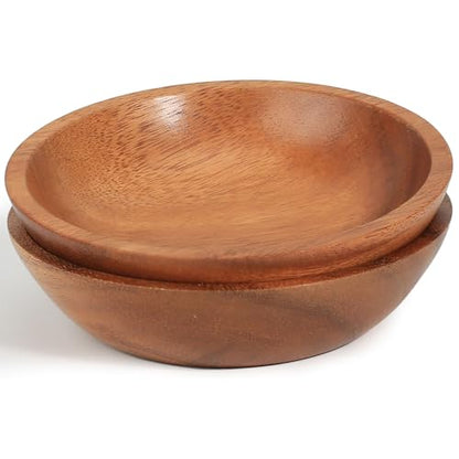 Acacia Wood Serving Bowls, 6 Inch Handcrafted Wooden Individual Bowls Set of 2 for Food/Soup/Salad/Pasta, Use as Snack Holder Plate for Kitchen and Dining - size: D 6.3'' x H 1.6''