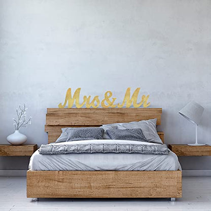 Mr & Mrs Signs Rustic Wooden Freestanding Letters - Anniversary & Wedding Decoration, Golden Flower Pads - color: Golden with flower pads