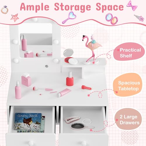 Arlopu Kids Vanity Set and Mirror, Wooden Pretend Play Vanity Table and Chair Set for Girls with Stool, Drawer, Princess Makeup Dress-Up Toy for Toddlers 3+Year Old (White) - color: White