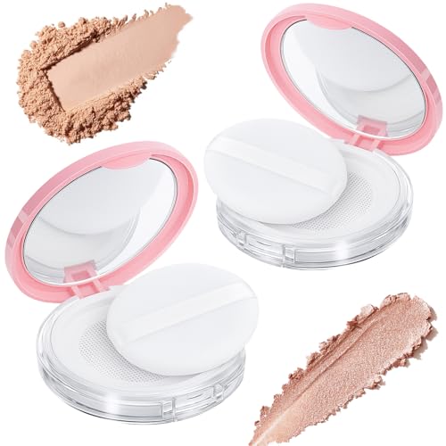 2-Pack Refillable Loose Powder Container with Puff & Mirror - 0.17 oz Travel Portable Empty Makeup Compact with Mesh for Women Girls, Pink - color: Pink
