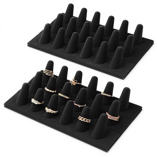 2 Pack Velvet Finger Ring Display, 18 Slot 3-Tier Jewelry Counter Showcase Storage Organizer Holder Stand for Rings, Black
