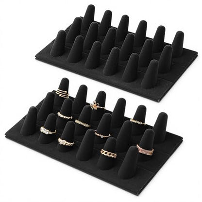 2 Pack Velvet Finger Ring Display, 18 Slot 3-Tier Jewelry Counter Showcase Storage Organizer Holder Stand for Rings, Black