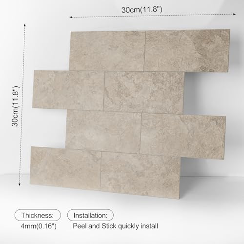 10 Sheet Stone Beige Peel and Stick Backsplash, 12’’Luxury Ceramic Look Self Stick Subway Tiles, Waterproof Peel and Stick Wall Tiles for Kitchen and Bathrrom - color: Stone Beige