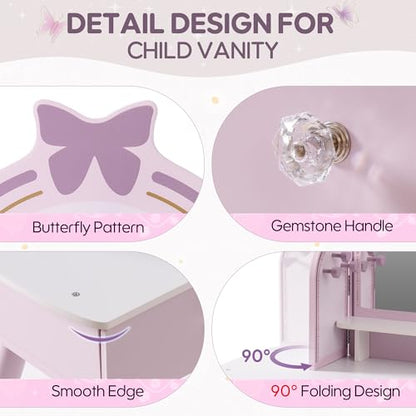 ROBUD Kids Vanity Table and Chair Set, Girls Vanity Set with Mirror, Pretend Play Kids Vanity, Makeup Dressing Table with Drawer and Accessories, Age 3+ (Purple) - color: Purple