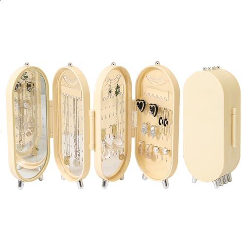 Foldable Earring Holder Jewelry Organizer Box with Mirror, 4-Layer Dustproof Earring Necklace Display Stand Jewelry Box with 153 Holes for Women and Girls, Gifts for Girl (Light Yellow) - color: Light Yellow