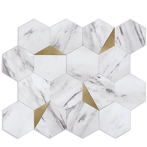 Peel and Stick Backsplash for Kitchen,New Upgrade Premium Hexagon Peel and Stick Backsplash, Seamless Backsplash Tile for Bathroom,（10-Sheet Carrara White Marble and Metal Gold） - color: Carrara White
