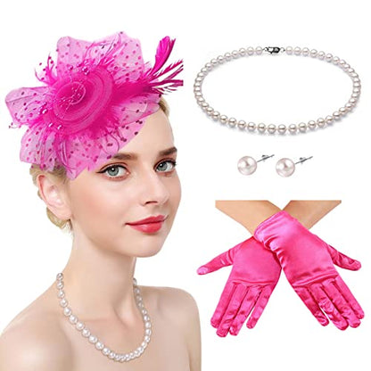 Fascinators Hats with Gloves Set for Women 20s 50s Cocktail Tea Party Wedding Costume Headwear - color: 02 Hot Pink