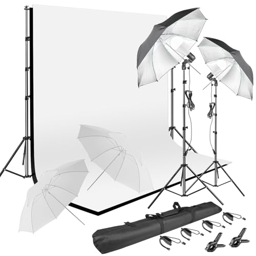 HYJ-INC Photography Umbrella Lighting Kit with 85w Led Bulb,Muslin Backdrop (White Black), Backdrop, Clips Clamp,8.5 * 10ft Photo Background Photography Stand System for Photo Video Studio Shooting