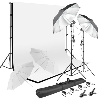 HYJ-INC Photography Umbrella Lighting Kit with 85w Led Bulb,Muslin Backdrop (White Black), Backdrop, Clips Clamp,8.5 * 10ft Photo Background Photography Stand System for Photo Video Studio Shooting