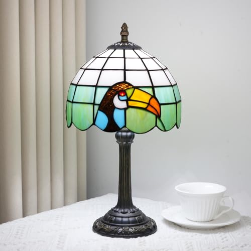 Small Tiffany Lamp Stained Glass Table Lamp 8 Inch Vintage Green Toucan Pattern with Orange Blue Accents Cute Unique Bedside Nightstand Light for Bedroom Small Spaces Ambient Lighting - color: stained glass Lamp O