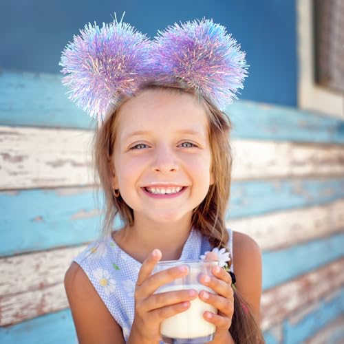 Beavorty Foil Strips Headband with Pom Pom Fluffy Balls - Tinsel Head Bopper Cosplay Hair Accessory - color: Purple