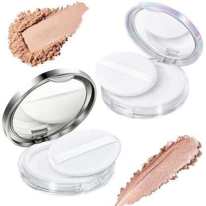 Tokusatsu 2-Pack Refillable Loose Powder Container with Puff & Mirror - 0.17 oz Travel Portable Empty Makeup Compact with Mesh for Women Girls, Silver Iridescent Silver - color: Silver Iridescent Silver