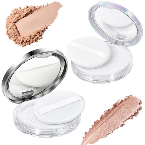 Tokusatsu 2-Pack Refillable Loose Powder Container with Puff & Mirror - 0.17 oz Travel Portable Empty Makeup Compact with Mesh for Women Girls, Silver Iridescent Silver - color: Silver Iridescent Silver