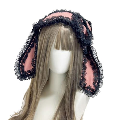 Rabbits Ears Hairband Photo Props Easter Hair Hoop Hairband Party Headpiece Fun Headbands for Music Festival - color: Pink & Black Lace