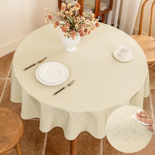Seenus Textured 60 Inch Beige Round Tablecloth fits 30'' to 48'' Table, Water Resistant and Wipeable Circular Tablecloth, Anti-Scratch Faux Linen Fabric for 2-4 Seats Dining Table Kitchen Patio - color: Beige, size: 60" (Round)