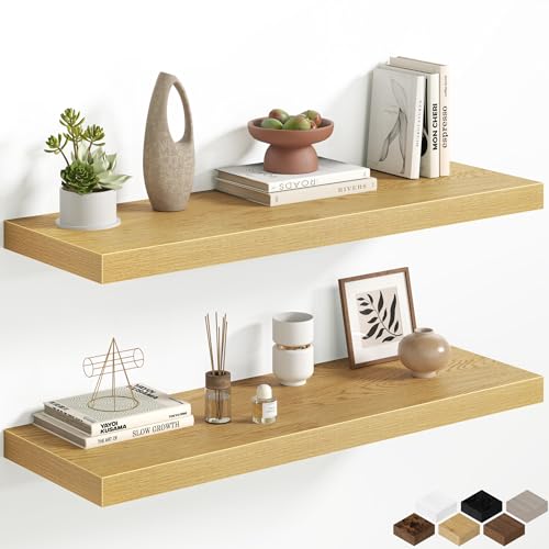 36 Inch Floating Shelves for Wall, 12 Inch Deep Shelves for Bedroom, Kitchen, Bathroom Wall Mounted, Rustic Wood Floating Shelf with Invisible Brackets for Books, Storage, Decor, Oak, 2 Pack - color: Oak, size: 36 Inch, Set of 2