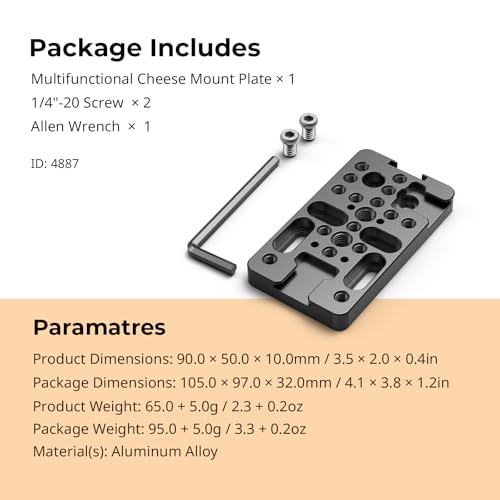 SMALLRIG Extension Cheese Plate, Multifunctional Mounting Plate with 1/4" and 3/8" Threaded Holes, Cold Shoe Mounts, and 3/8"-16 Locating Hole for ARRI, Fits for Camera Rig, DSLR Accessories - 4887