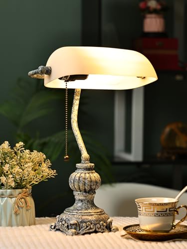 Retro White Matted Glass Bankers Desk Lamp for Home Office,Library with Pull Chain Switch Plug in Fixture, LED Bulb Included - color: Antique+White