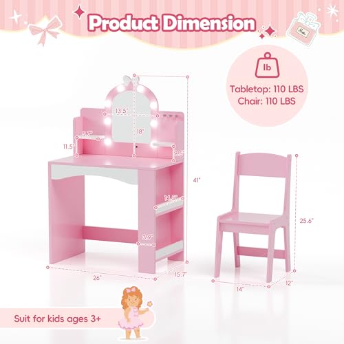 MU Kids Vanity with Lights, Princess Makeup Vanity Table and Chair Set for Girls, Toddler Vanity Desk with Open Bookshelf, Storage Cabinet & Shelves, Stools, Pink - color: Pink