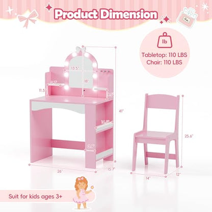 MU Kids Vanity with Lights, Princess Makeup Vanity Table and Chair Set for Girls, Toddler Vanity Desk with Open Bookshelf, Storage Cabinet & Shelves, Stools, Pink - color: Pink
