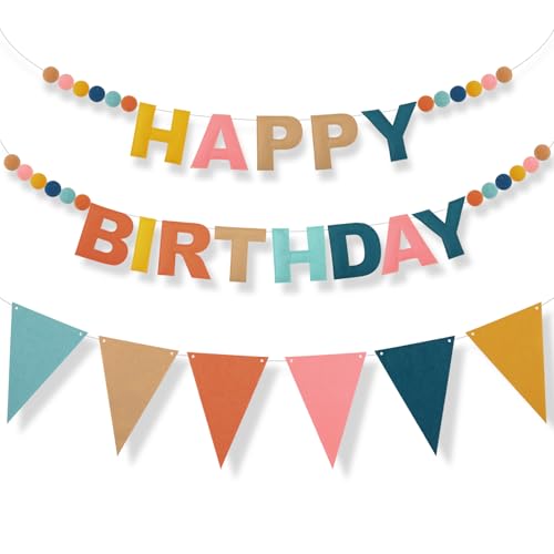 Oudain 2 Pack Pre-strung Felt Happy Birthday Banner Party Decorations Reusable Boho 3D Pom Pom Ball Garland Triangle Flag Birthday Pennant Sign for Adult Boy Girl Photo Prop Backdrop(Rainbow) - color: Rainbow