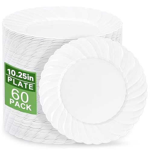U-QE 60 Count White Plastic Plates - 10.25inch Plastic Disposable Plates for Party - White Dinner Plates Disposable Heavy Duty for Weddings, Parties, Birthdays, Celebrations, Travel and Events - color: 10Inch-60pcs-White