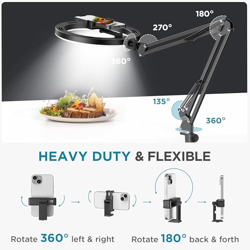 InnoGear Overhead Phone Mount with Ring Light, 10" LED Selfie Ring Light for Desk with Phone Holder and Remote Canvas Lamp Light for YouTube Live Stream Cooking Video Recording Vlog Zoom, Medium