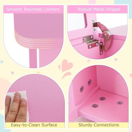 Costzon Kids Vanity, 2 in 1 Girls Vanity Set with Flip Top Mirror, Hidden Storage Space, Wooden Toddler Makeup Vanity Desk Dressing Table, Kids Vanity Table and Chair Set (Pink) - style: Pink with Flip Top Mirror