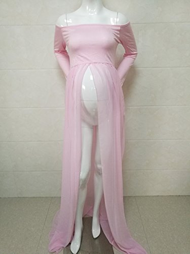 ZIUMUDY Maternity Maxi Chiffon Photography Dress Split Front Gown for Photoshoot - color: Pink
