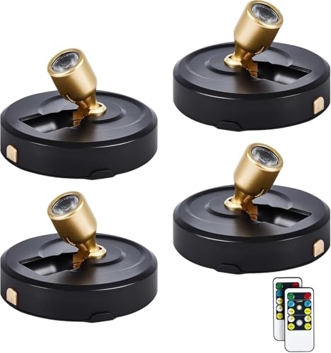 4-Pack Battery Powered LED Spotlight, Wireless Picture Lights, Uplighting Indoor, Puck Lights with Remote, Stick Spot Lights for Wall Art Display Dartboard Painting Artwork Closet Accent - color: Black Gold, size: 4pack