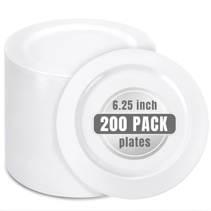 bUCLA 200PCS White Plastic Plates - 6.25inch Disposable Salad/Dessert/Appetizer/Small Cake Plates for Wedding & Party - color: 6.25Inch-200pcs-White