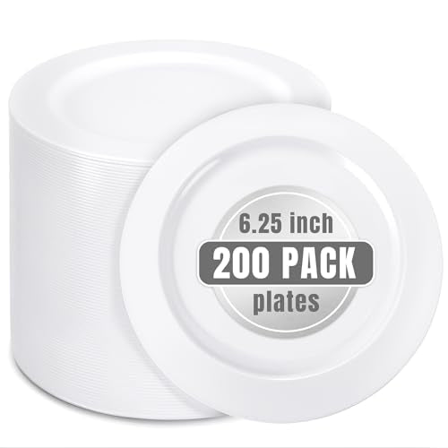 bUCLA 200PCS White Plastic Plates - 6.25inch Disposable Salad/Dessert/Appetizer/Small Cake Plates for Wedding & Party - color: 6.25Inch-200pcs-White