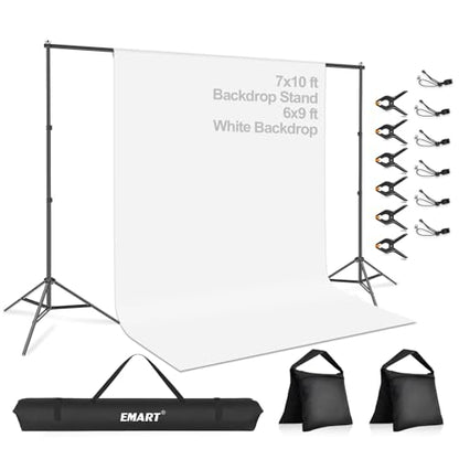 EMART Portable Photography Backdrop Stand Kit 7 x 10 ft with 6 x 9 ft White Backdrop, Adjustable Background Support System for Photo Video Studio, Photoshoot, Party, Live Game, Interviews - size: 7*10ft Stand/6*9ft Backdrop