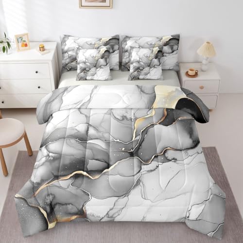 Erosebridal Grey Marbling King Bed in A Bag 7 Piece Marble Pattern Comforter Set with Sheets Gold Ink Fluid Art Bedding Sets for Kids Adults,Ombre Marble Textured Bed Set - color: Multi 02, size: King